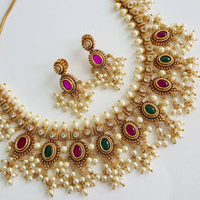 RubyGreen Antique Gold Necklace, South Indian Jewelry, Temple Jewelry, Guttapusalu Necklace, Kemp Jewelry, Wedding necklace, Gold Necklace