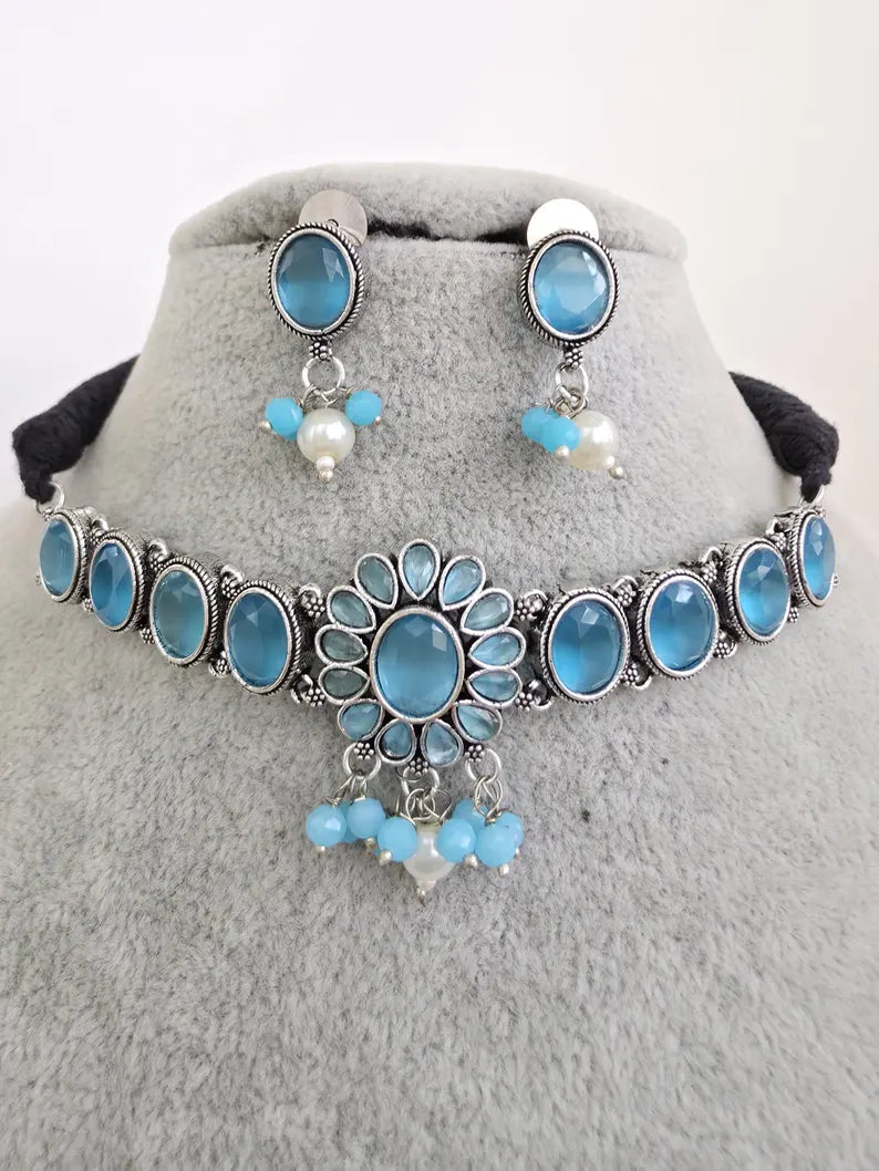 Aqua Blue Handcrafted Oxidized Necklace/Oxidized Indian Jewelry/Boho Jewelry Necklace/Afghan Choker/Afghani jewelry/gypsy necklace
