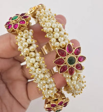 Set of 2 Pearl Ruby Emerald Gold Kemp Openable Bangles(2 PC)/Gold Bangles/Indian Bangles/Kemp bangles/Indian wedding/bridal Gold bangles