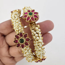 Set of 2 Pearl Ruby Emerald Gold Kemp Openable Bangles(2 PC)/Gold Bangles/Indian Bangles/Kemp bangles/Indian wedding/bridal Gold bangles