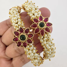 Set of 2 Pearl Ruby Emerald Gold Kemp Openable Bangles(2 PC)/Gold Bangles/Indian Bangles/Kemp bangles/Indian wedding/bridal Gold bangles