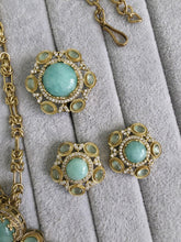 Mint Green Sabyasachi Natural Stone Chain Pendant Set with Finger Ring, Long Pendant Mala Necklace/Gold Long necklace/Mala/Indian wedding
