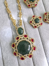 Ruby Green Sabyasachi Natural Stone Chain Pendant Set with Finger Ring, Long Pendant Mala Necklace/Gold Long necklace/Mala/Indian wedding
