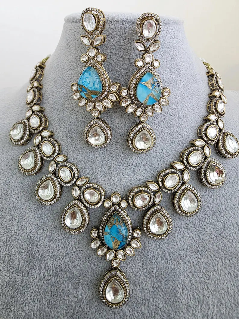 Aqua Blue Victorian Moissanite polki kundan necklace/Sabyasachi Necklace/Kundan Jewelry/Indian wedding collection/Bridal Indian Pakistani