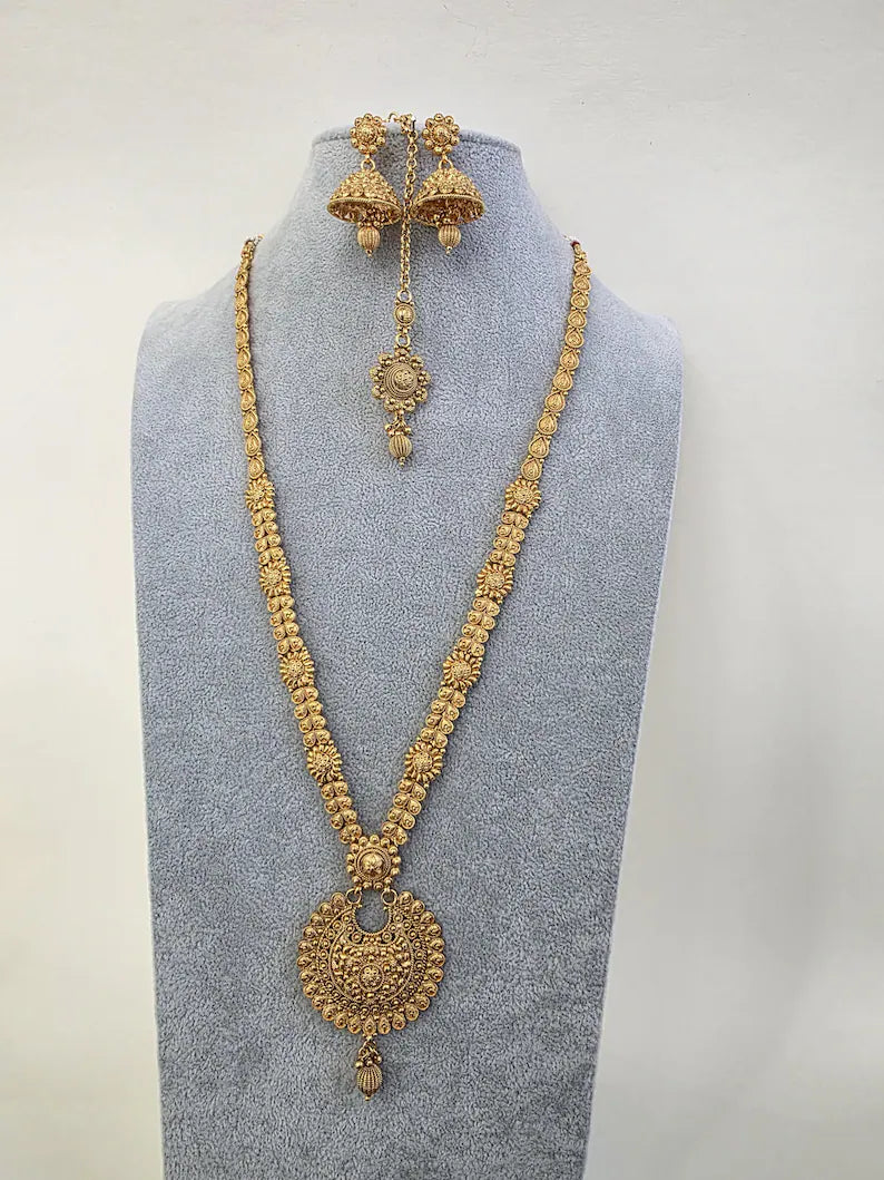 Antique Gold Long Necklace/Indian Necklace/South Indian Necklace/Long Necklace/ Indian Jewelry/Kasu mala/ long Haram, Indian Pakistani Set