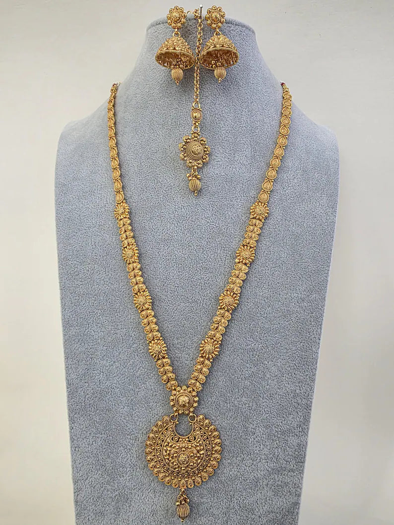 Antique Gold Long Necklace/Indian Necklace/South Indian Necklace/Long Necklace/ Indian Jewelry/Kasu mala/ long Haram, Indian Pakistani Set