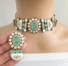 Mint Green Victorian Mother Of Pearl Statement Choker, Sabyasachi Inspired Choker, Designer necklace,Indian Pakistani Jewelry for Wedding
