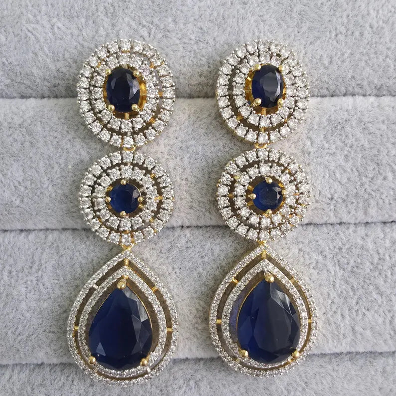 Blue Gold American Diamond Earrings/Indian Jewelry/Pakistani Jewelry/Bollywood Jewelry/CZ earrings/AD earrings/Statement earrings/Gift