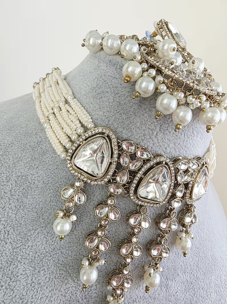 White Pearl Kundan Necklace Set/Kundan Choker/ Bollywood Jewelry/ Indian Pakistani necklace/ punjabi necklace/bridal necklace/indian wedding