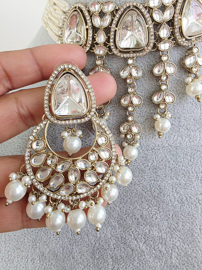 White Pearl Kundan Necklace Set/Kundan Choker/ Bollywood Jewelry/ Indian Pakistani necklace/ punjabi necklace/bridal necklace/indian wedding