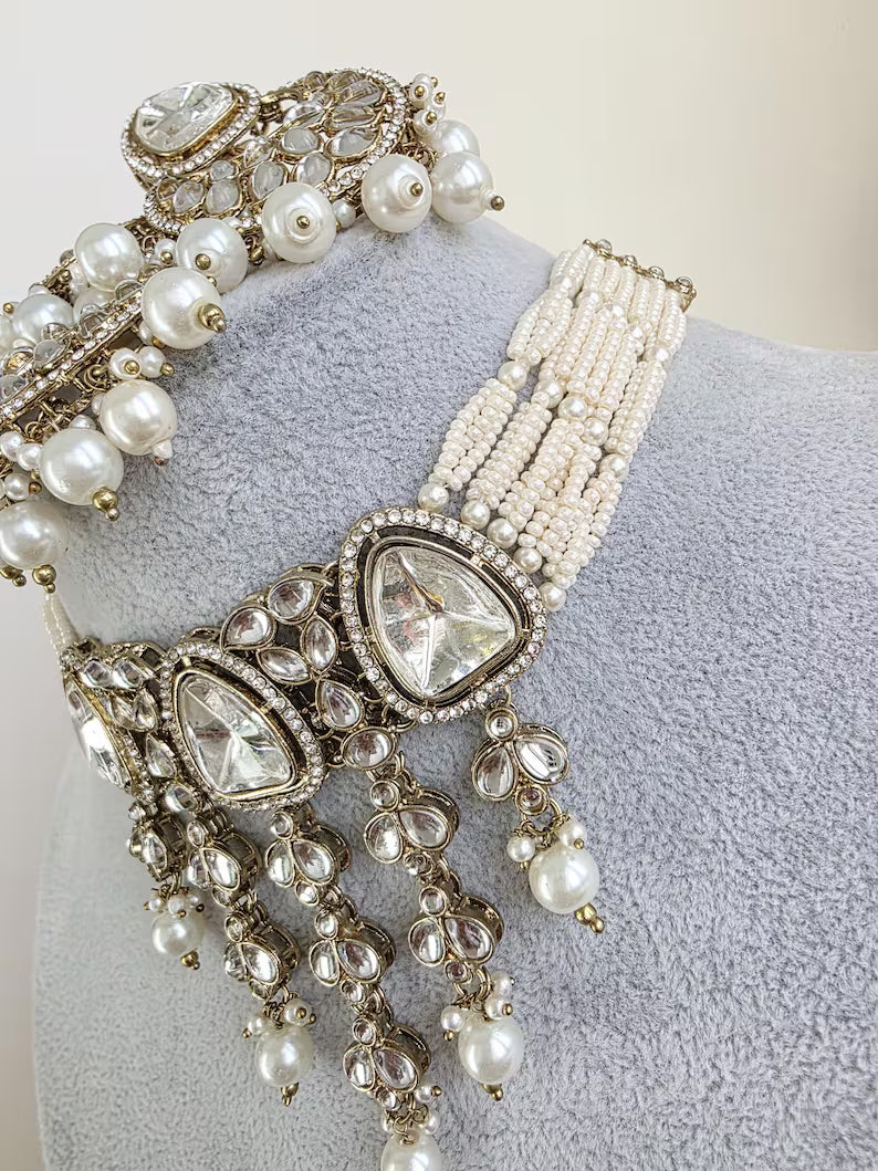 White Pearl Kundan Necklace Set/Kundan Choker/ Bollywood Jewelry/ Indian Pakistani necklace/ punjabi necklace/bridal necklace/indian wedding