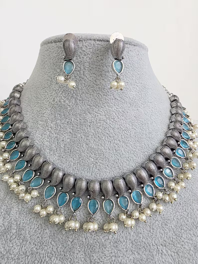 Aqua Blue Handcrafted Oxidized Necklace/Oxidized Indian Jewelry/Boho Jewelry Necklace/Afghan Choker/Afghani jewelry/gypsy necklace