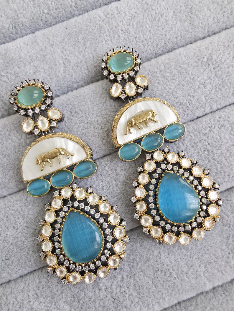 Aqua Blue Sabyasachi-inspired MOP Moissanite Kundan earrings, Victorian earrings,Designer earrings, statement earrings,Gift For her