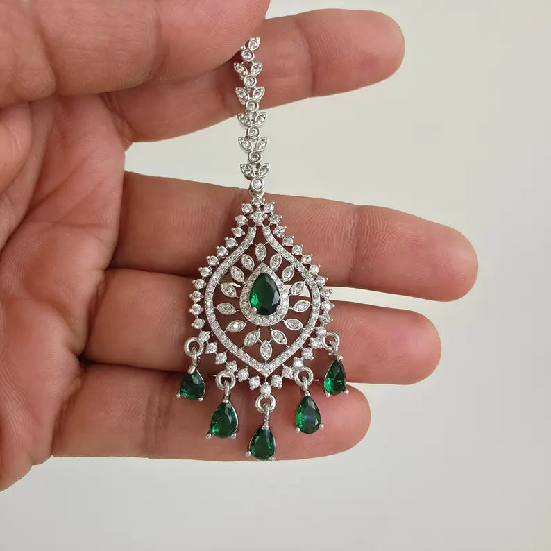 American Diamond Maang tikka/Indian Jewelry/ Indian Wedding Jewelry/ Pakistani Jewelry/ Jhoomer/ Matha patti/ Indian forehead jewelry