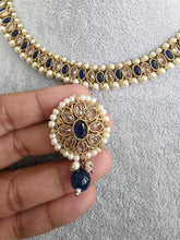 Navy Blue Antique Polki Kundan Pearl Necklace with earrings and tikka, bridal necklace, Indian Punjabi Pakistani Wedding Jewelry