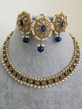 Navy Blue Antique Polki Kundan Pearl Necklace with earrings and tikka, bridal necklace, Indian Punjabi Pakistani Wedding Jewelry