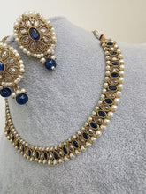 Navy Blue Antique Polki Kundan Pearl Necklace with earrings and tikka, bridal necklace, Indian Punjabi Pakistani Wedding Jewelry