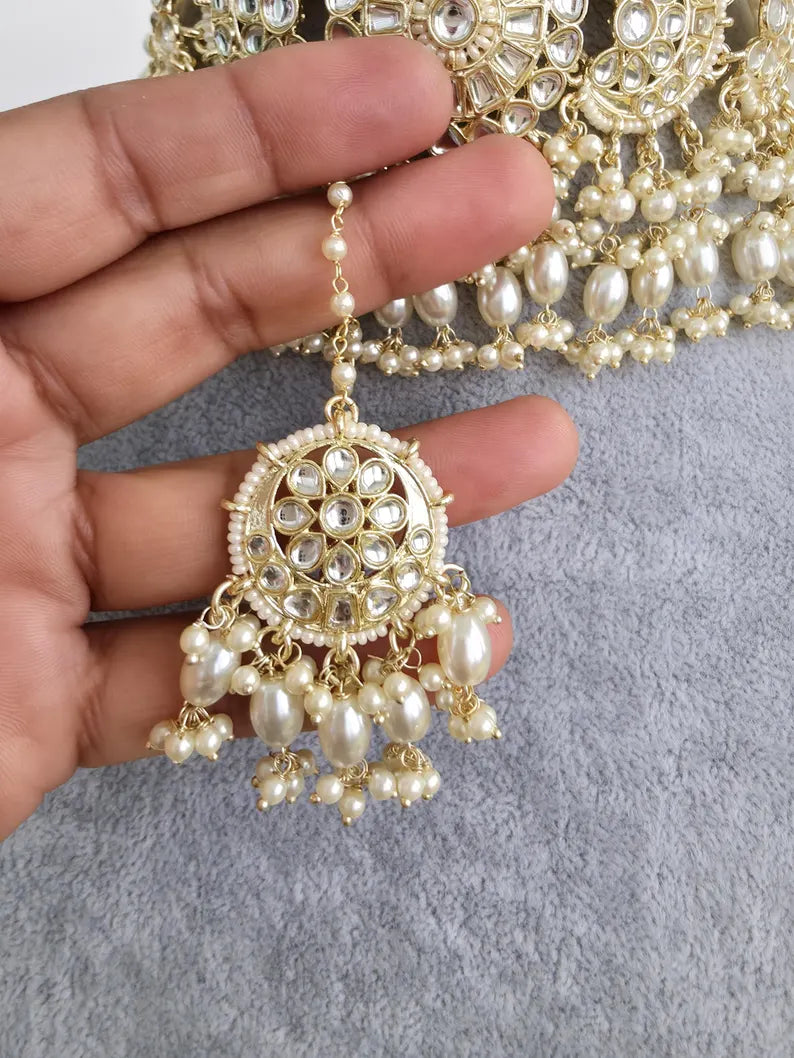 White Pearl Kundan Necklace Set/Kundan Choker/ Bollywood Jewelry/ Indian Pakistani necklace/ punjabi necklace/bridal necklace/indian wedding