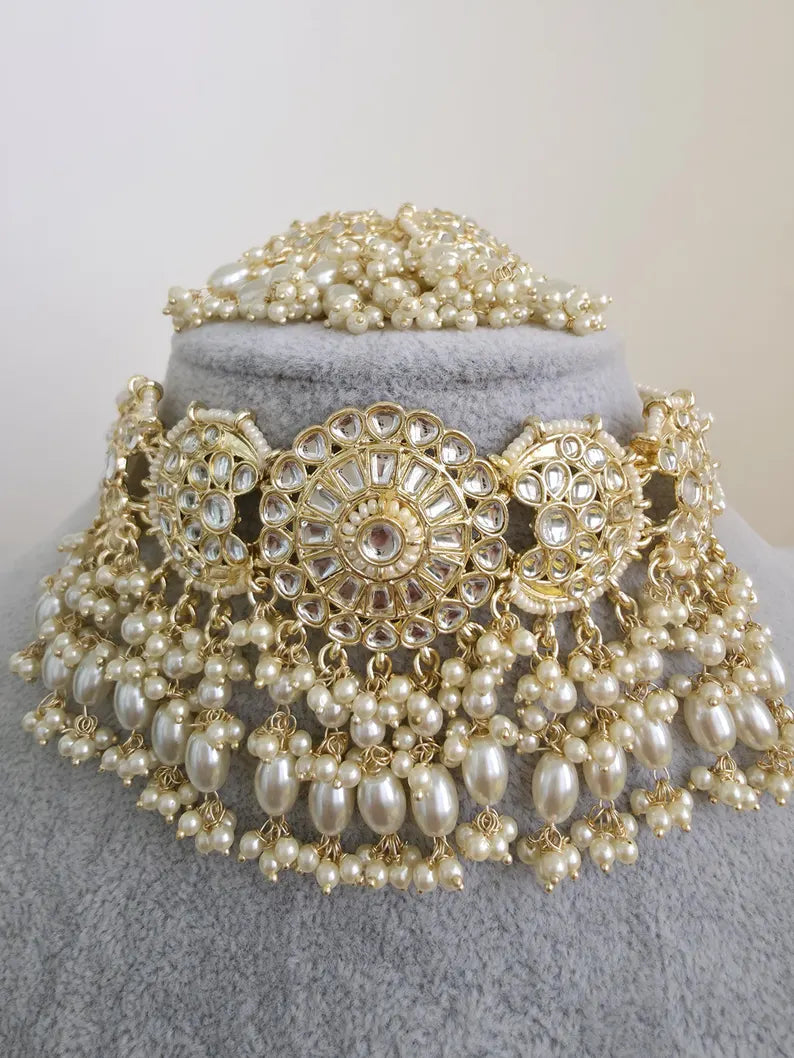 White Pearl Kundan Necklace Set/Kundan Choker/ Bollywood Jewelry/ Indian Pakistani necklace/ punjabi necklace/bridal necklace/indian wedding