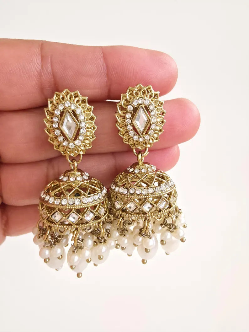 Antique Dull Gold kundan Jhumka/stone Jhumka/Indian Jewelry/Pakistani Jewelry/Punjabi Jewelry/Statement earrings/Indian wedding