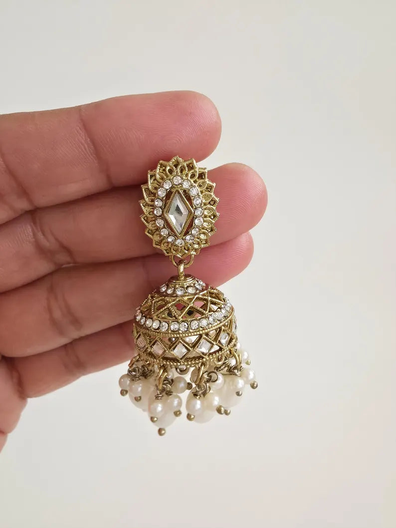 Antique Dull Gold kundan Jhumka/stone Jhumka/Indian Jewelry/Pakistani Jewelry/Punjabi Jewelry/Statement earrings/Indian wedding
