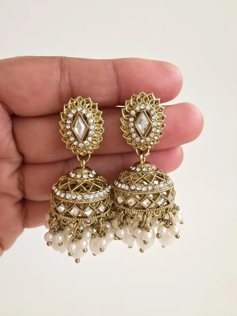 Antique Dull Gold kundan Jhumka/stone Jhumka/Indian Jewelry/Pakistani Jewelry/Punjabi Jewelry/Statement earrings/Indian wedding