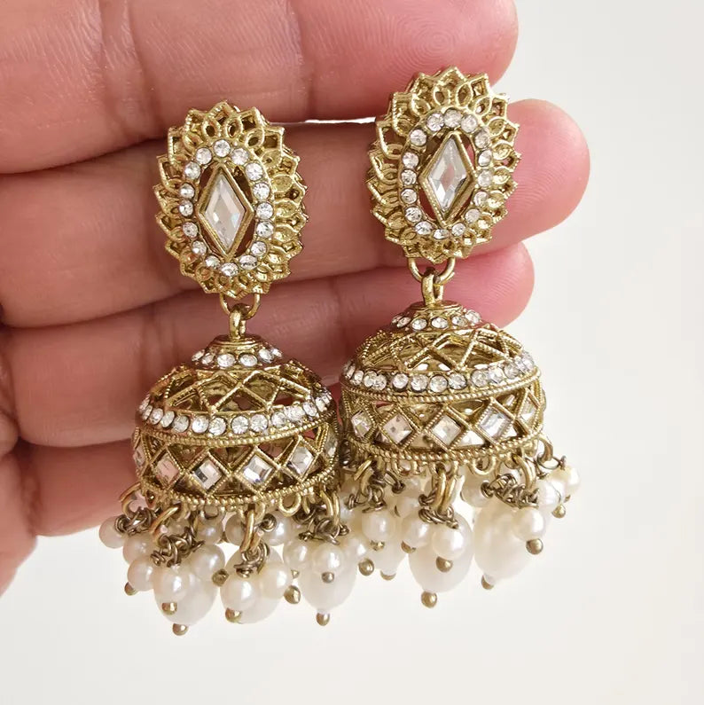 Antique Dull Gold kundan Jhumka/stone Jhumka/Indian Jewelry/Pakistani Jewelry/Punjabi Jewelry/Statement earrings/Indian wedding