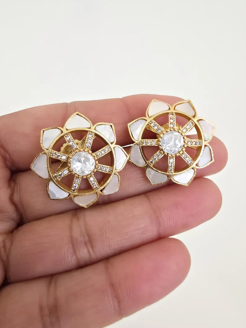 White Moissanite Polki Antique Dull Gold Stud Earrings /Indian Jewelry /Statement Stud Earrings/Victorian Stud Earring/Cz Studs/Diamond Stud