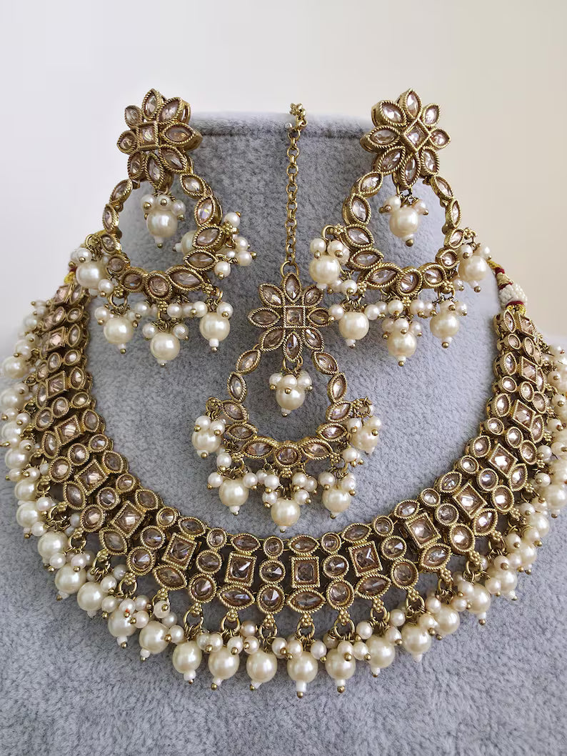 White Antique Polki Kundan Pearl Necklace, bridal, Pakistani Jewelry, Indian Wedding Jewelry