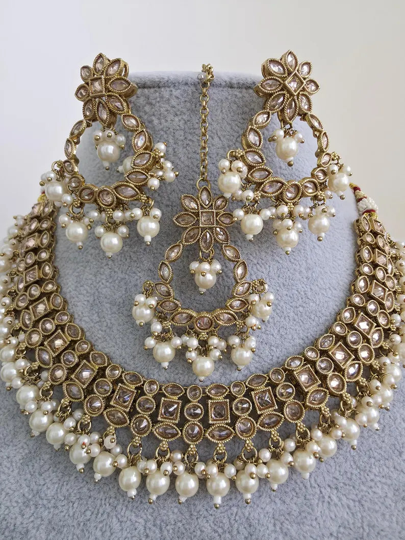 White Antique Polki Kundan Pearl Necklace, bridal, Pakistani Jewelry, Indian Wedding Jewelry