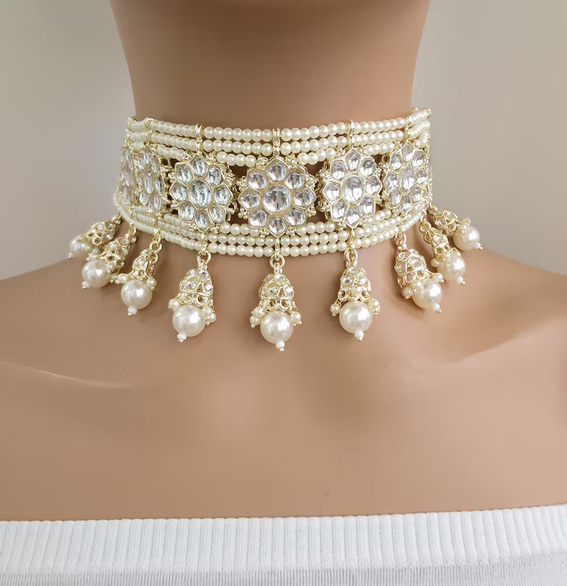 White Pearl Kundan Necklace Set/Kundan Choker/ Bollywood Jewelry/ Indian jewelry/ Pakistani necklace/ punjabi necklace/bridal/indian wedding