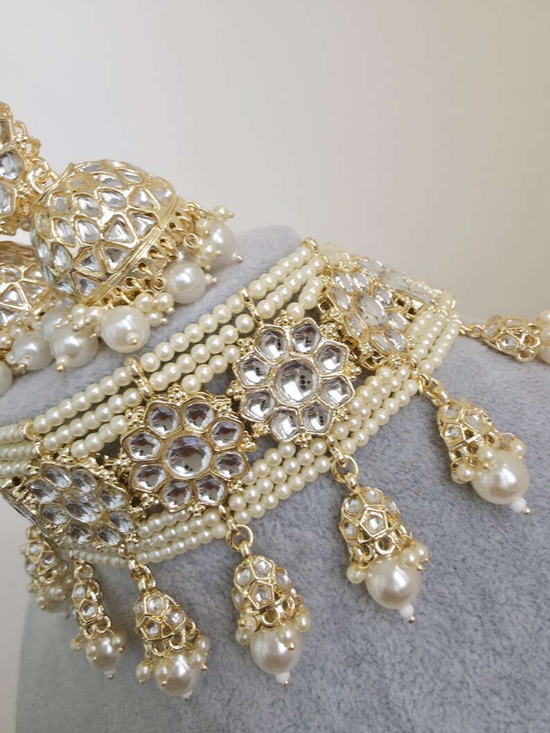 White Pearl Kundan Necklace Set/Kundan Choker/ Bollywood Jewelry/ Indian jewelry/ Pakistani necklace/ punjabi necklace/bridal/indian wedding