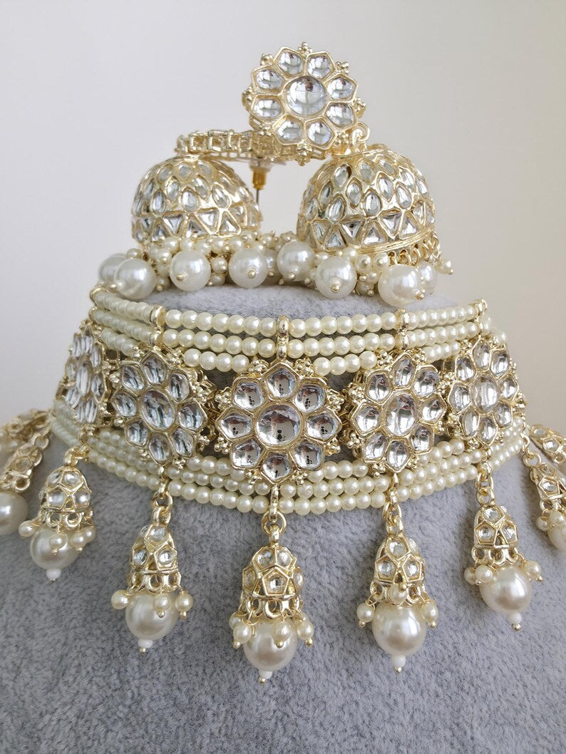 White Pearl Kundan Necklace Set/Kundan Choker/ Bollywood Jewelry/ Indian jewelry/ Pakistani necklace/ punjabi necklace/bridal/indian wedding