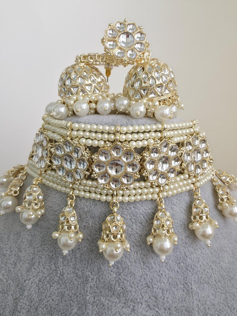 White Pearl Kundan Necklace Set/Kundan Choker/ Bollywood Jewelry/ Indian jewelry/ Pakistani necklace/ punjabi necklace/bridal/indian wedding