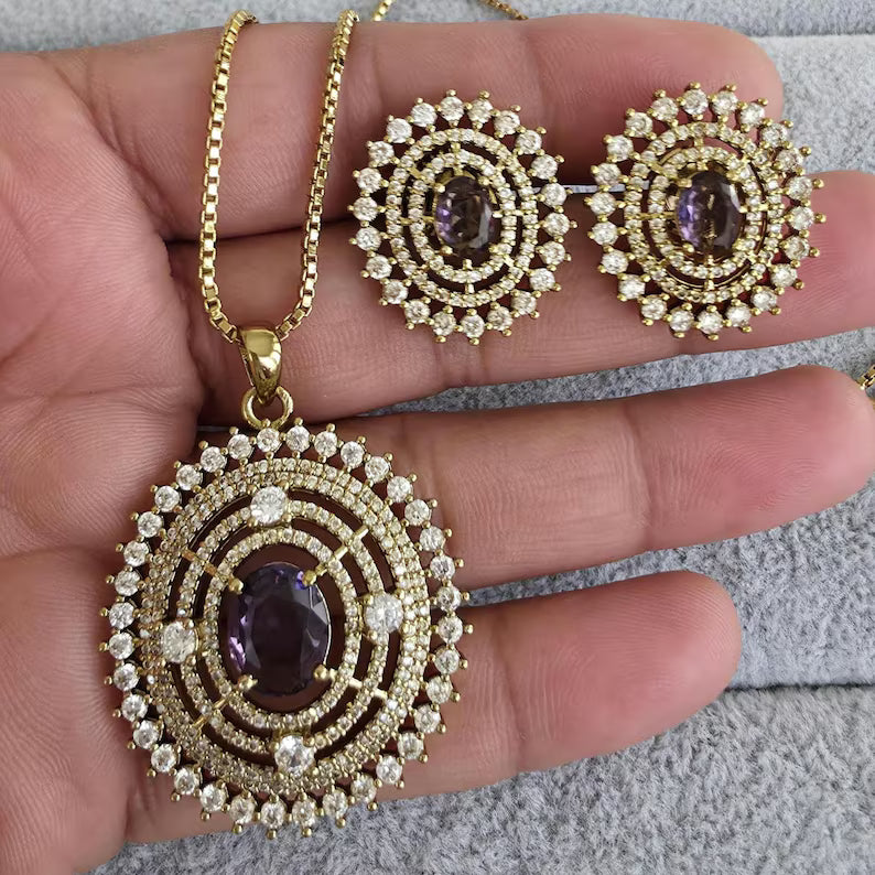 5 colours Victorian Plated Cubic Zirconia Chain Pendant Set, Long Pendant Mala Necklace/American diamond Long necklace/Mala/Indian wedding