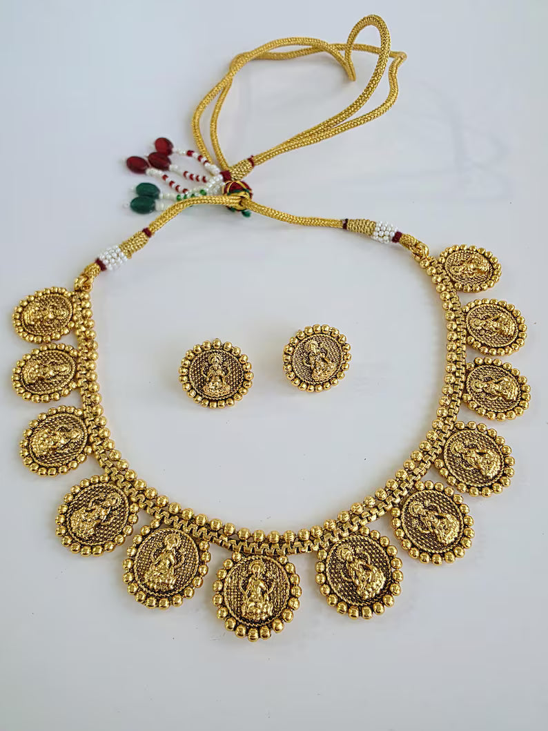 Antique Gold Goddess Laxmi Necklace/South Indian Jewelry/Temple Jewelry/Guttapusalu Necklace/Wedding necklace/Bridal necklace/Indian Necklac