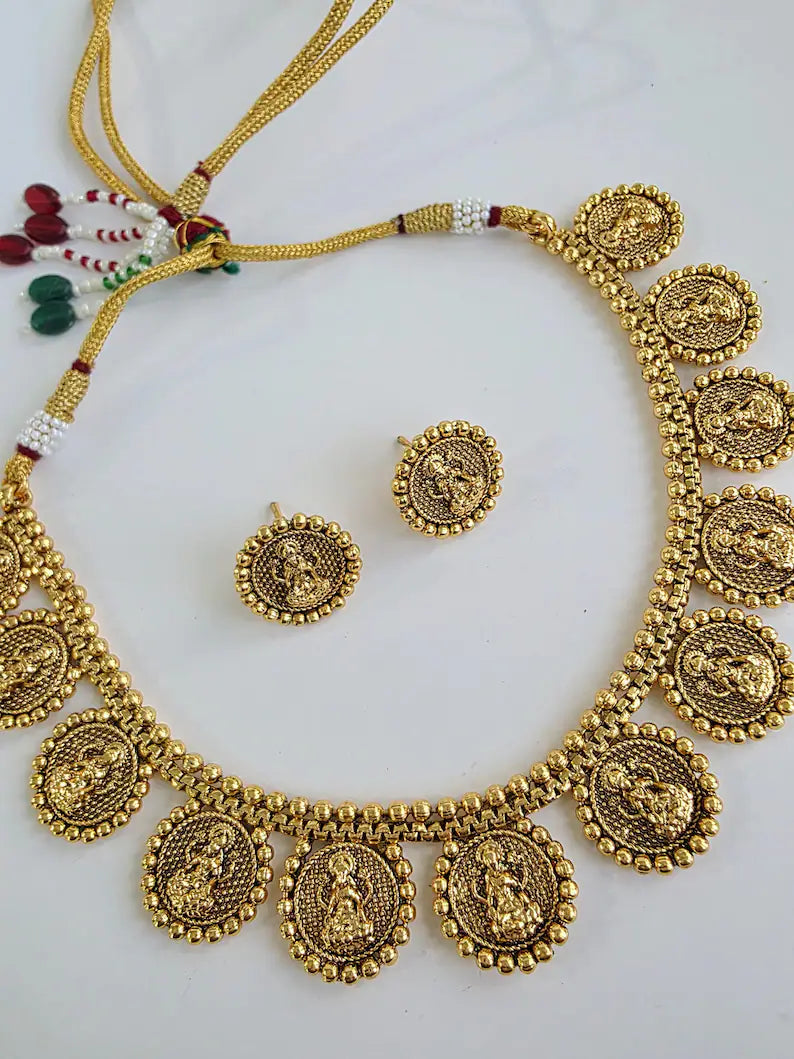 Antique Gold Goddess Laxmi Necklace/South Indian Jewelry/Temple Jewelry/Guttapusalu Necklace/Wedding necklace/Bridal necklace/Indian Necklac