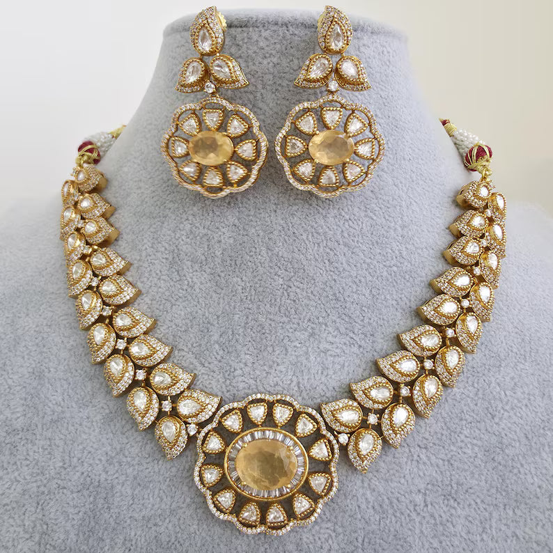 Yellow Victorian Doublet Moissanite polki Cz diamond choker Necklace,Indian Bridal Jewelry,Bollywood Sabyasachi Designer necklace, Pakistani