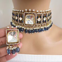 Blue Victorian Moissanite polki Cz diamond choker Necklace,Indian Bridal Jewelry,Bollywood Sabyasachi Designer necklace, Pakistani Wedding