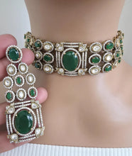 Malaika Arora inspired Green Victorian Moissanite polki Cz diamond choker,Indian Bridal Jewelry, Sabyasachi Designer necklace, Pakistani