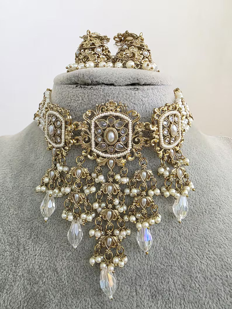 Antique Polki Pearl Kundan Choker set/Statement Necklace Set/Indian Jewelry/Pakistani Jewelry set/Wedding necklace/Bridal necklace/Indian