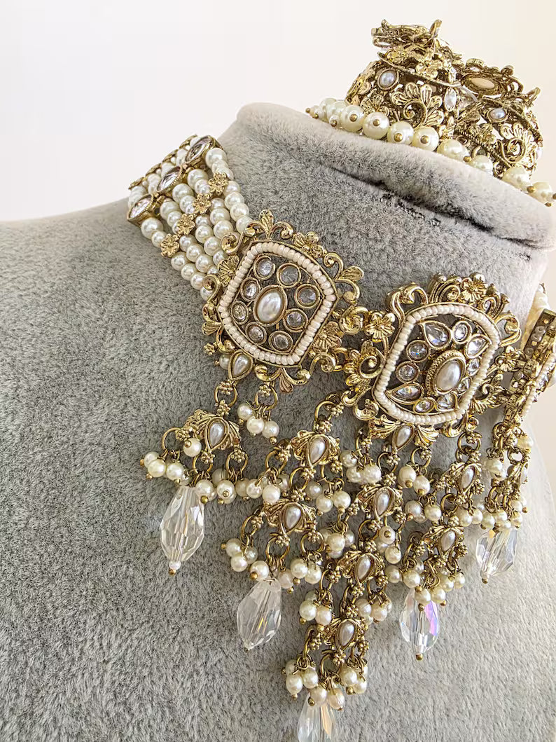 Antique Polki Pearl Kundan Choker set/Statement Necklace Set/Indian Jewelry/Pakistani Jewelry set/Wedding necklace/Bridal necklace/Indian