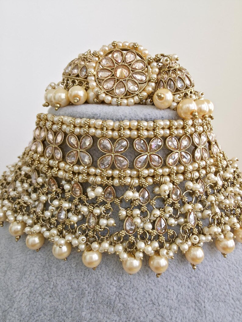 Antique Polki Pearl Kundan Choker set/Statement Necklace Set/Indian Jewelry/Pakistani Jewelry set/Wedding necklace/Bridal necklace/Indian