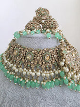 Mint Green Antique Shadow Stone Pearl Choker Necklace with earrings and tikka and Passa Bridal necklace Indian Pakistani Punjabi Wedding