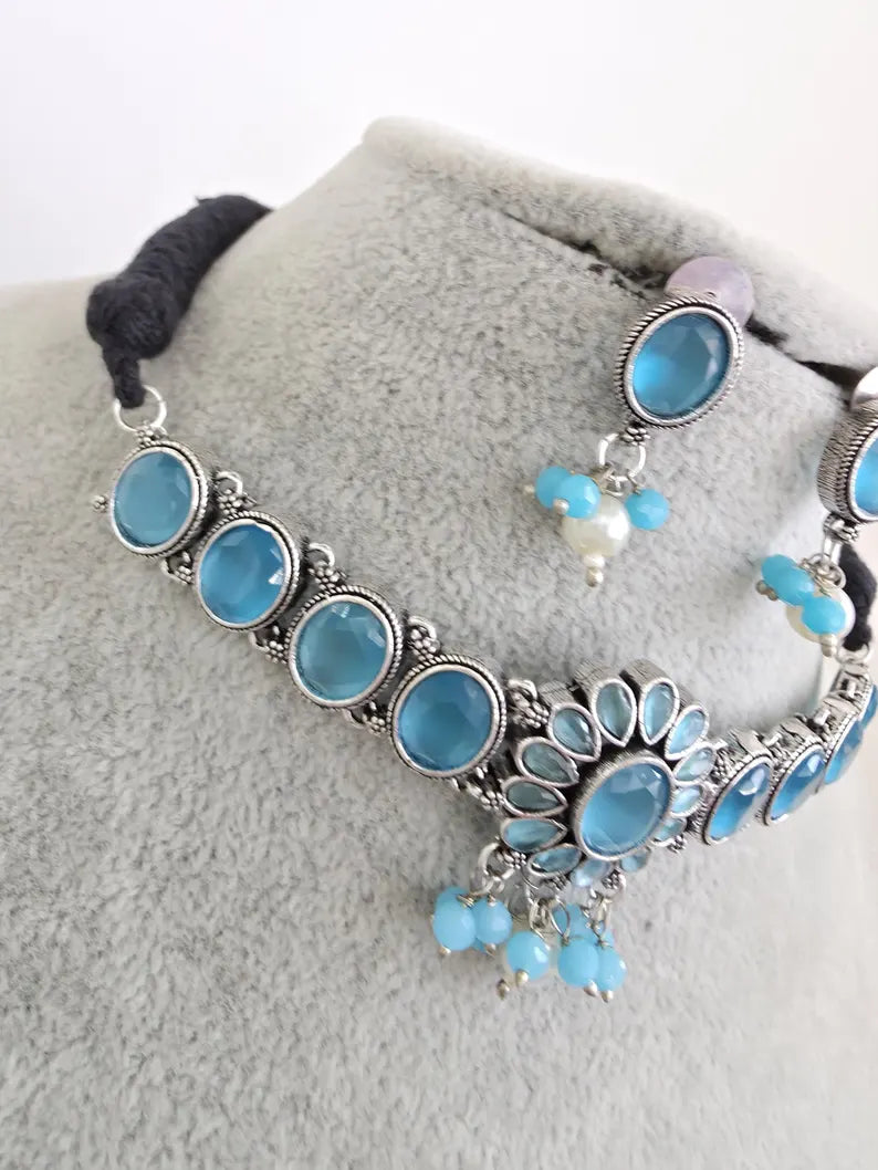 Aqua Blue Handcrafted Oxidized Necklace/Oxidized Indian Jewelry/Boho Jewelry Necklace/Afghan Choker/Afghani jewelry/gypsy necklace