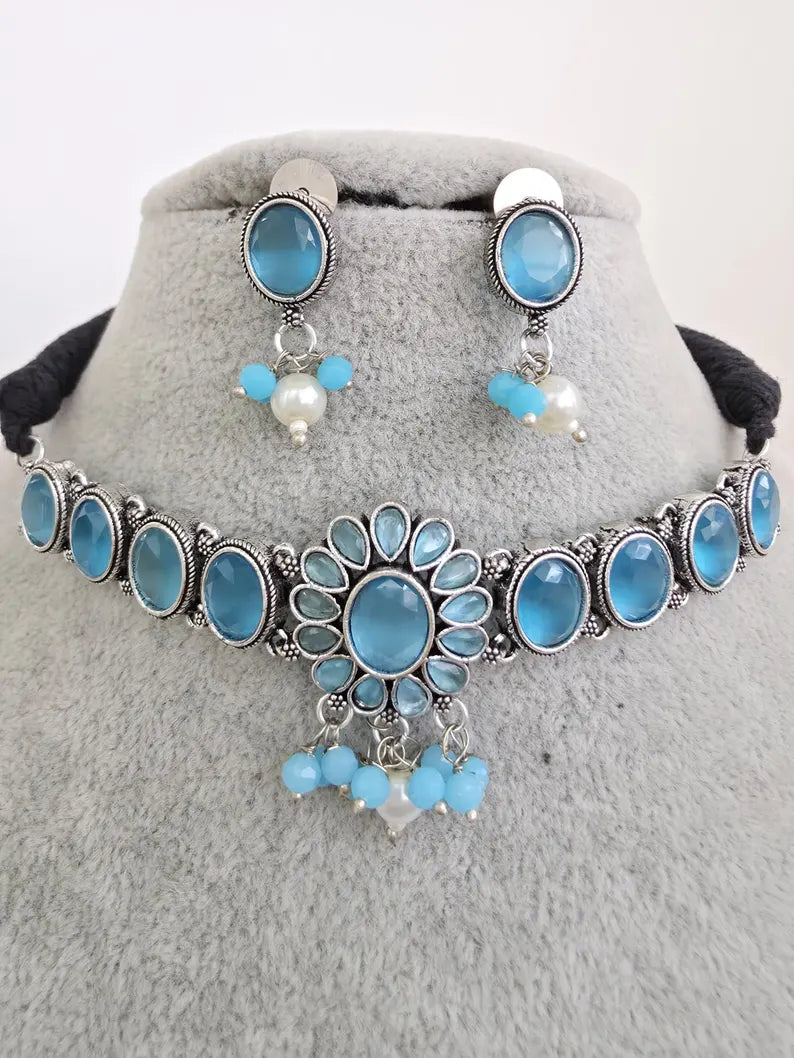 Aqua Blue Handcrafted Oxidized Necklace/Oxidized Indian Jewelry/Boho Jewelry Necklace/Afghan Choker/Afghani jewelry/gypsy necklace