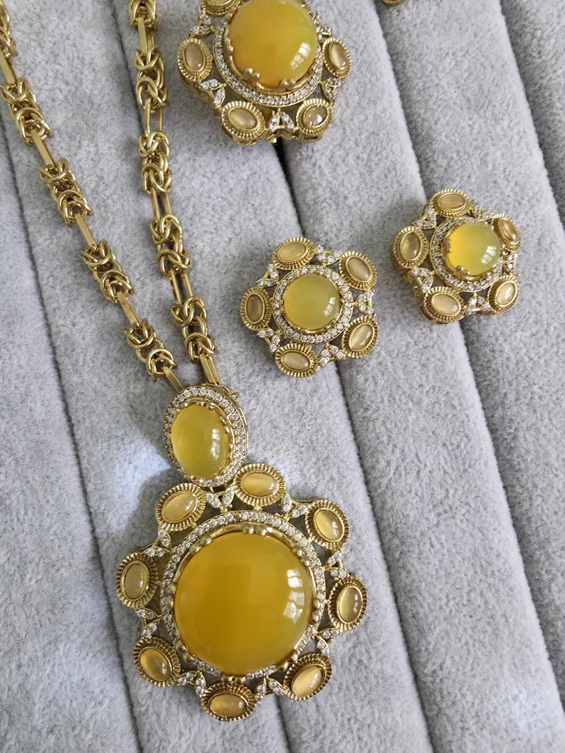 Yellow Sabyasachi Natural Stone Chain Pendant Set with Finger Ring, Long Pendant Mala Necklace/Gold Long necklace/Mala/Indian wedding