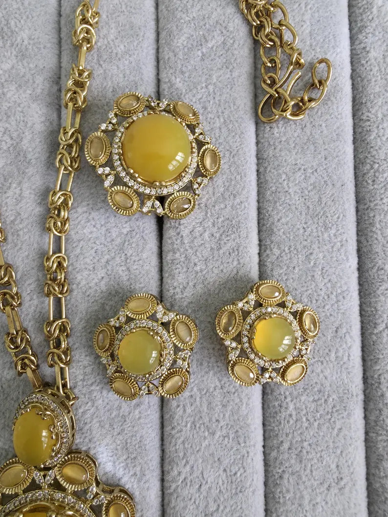 Yellow Sabyasachi Natural Stone Chain Pendant Set with Finger Ring, Long Pendant Mala Necklace/Gold Long necklace/Mala/Indian wedding