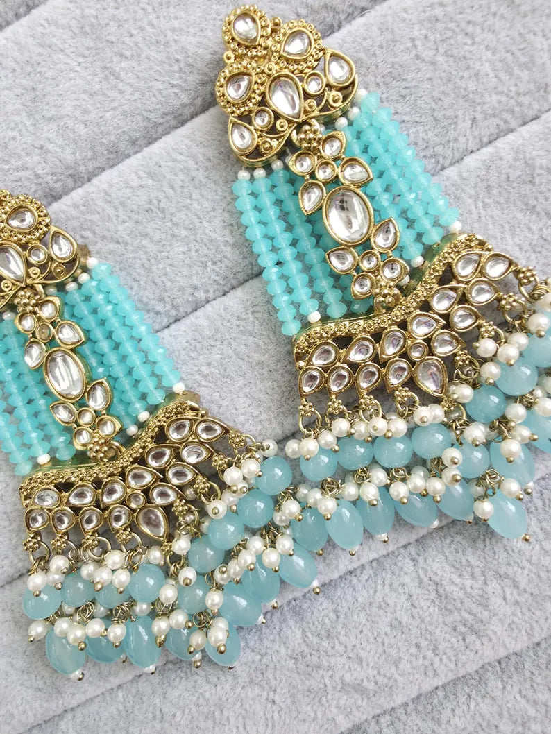 Aqua Blue Kundan Earrings/Indian Earrings/pearl Earring/Pakistani Earrings/Statement Earrings/Long chandelier/bridal earrings