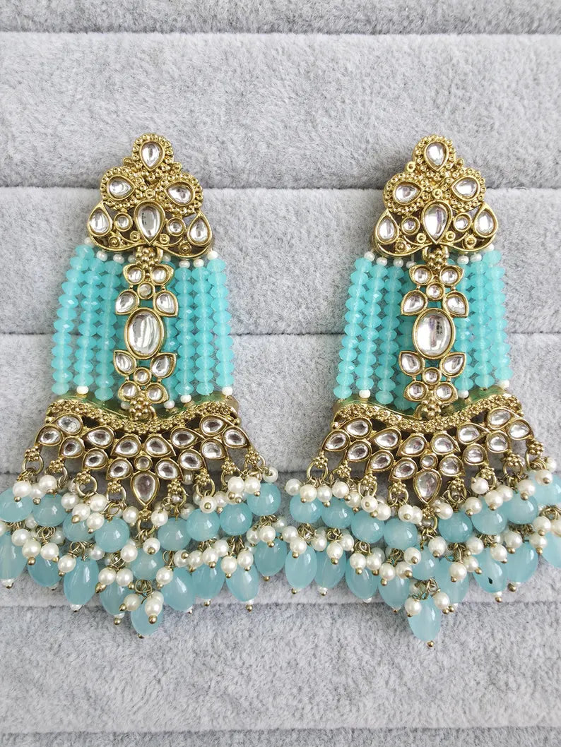 Aqua Blue Kundan Earrings/Indian Earrings/pearl Earring/Pakistani Earrings/Statement Earrings/Long chandelier/bridal earrings